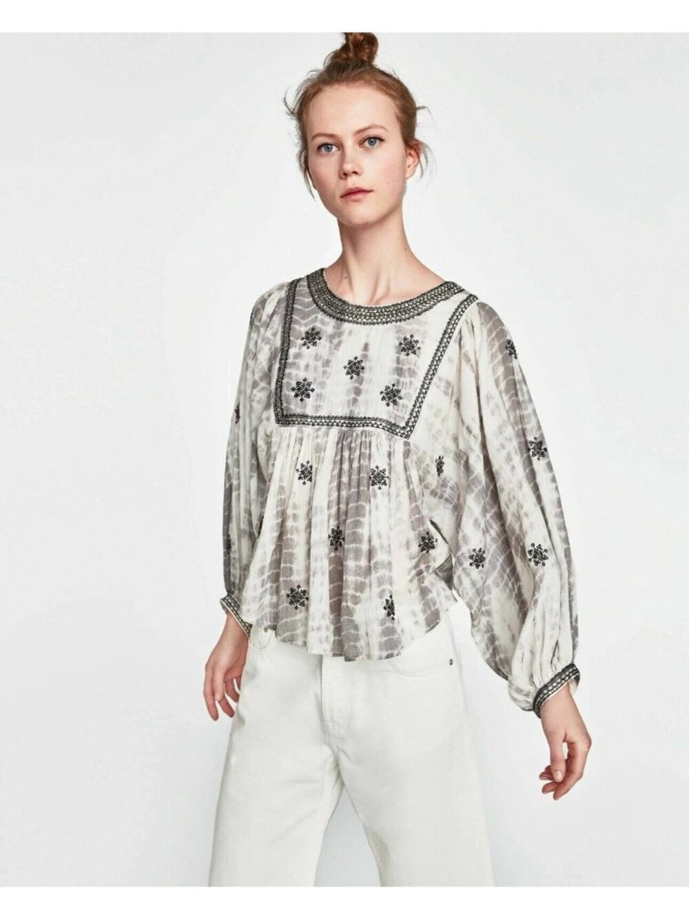 Zara Woman S Embroidered Boho Peasant Tunic Gray Tie Dye Cottagecore Festival - Picture 2 of 16